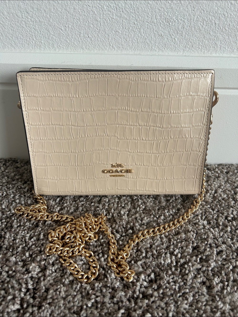 COACH Cream Croc-Embossed Leather Crossbody with Gold Chain